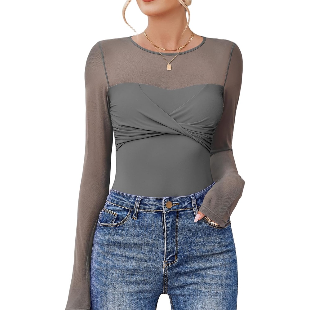 image:imageAvidlove Bodysuits for Women Long Sleeve Crew Neck Body Suit One Piece Sheer Leotard Twist Knot Going Out TopsGray