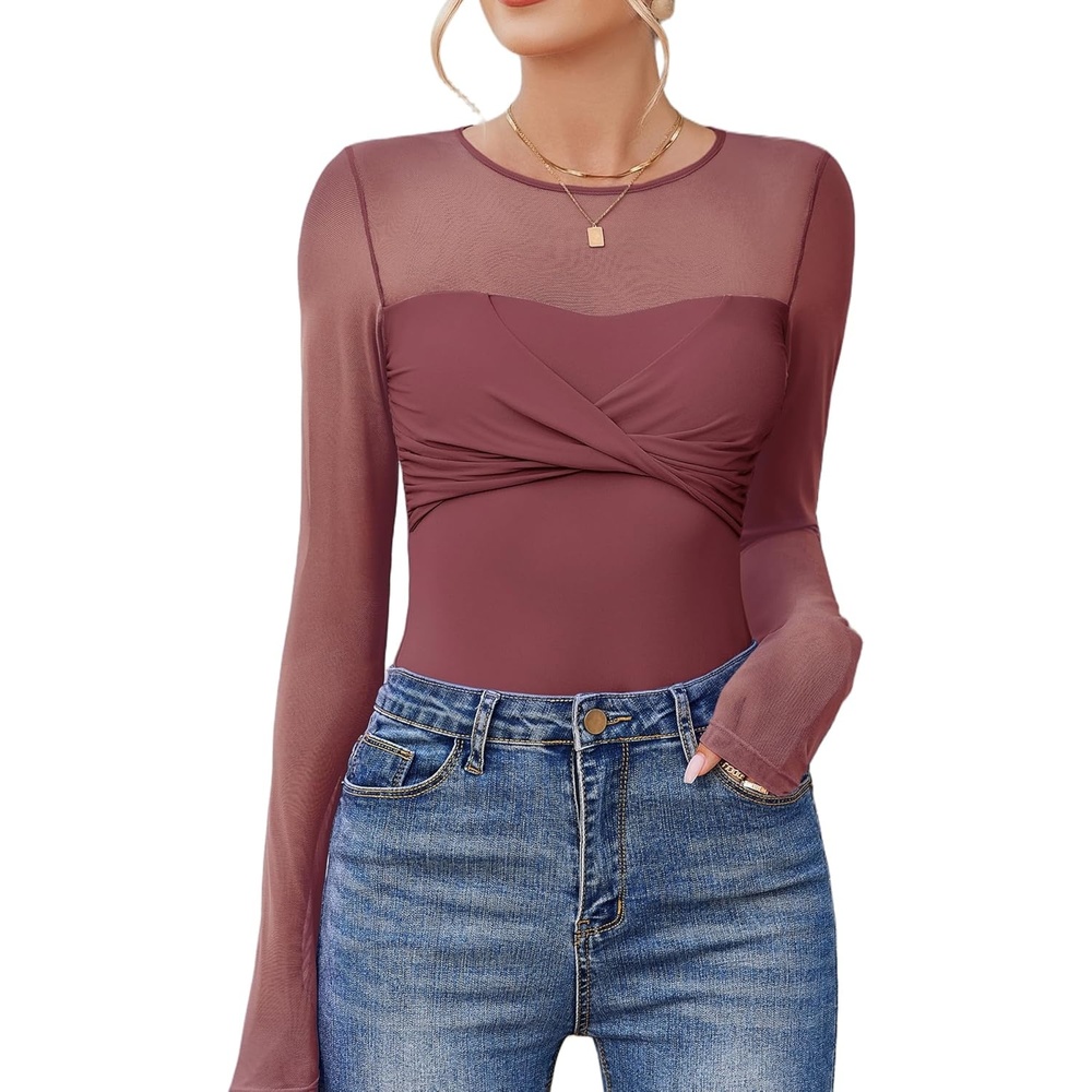 image:imageAvidlove Bodysuits for Women Long Sleeve Crew Neck Body Suit One Piece Sheer Leotard Twist Knot Going Out TopsPale Violet Red