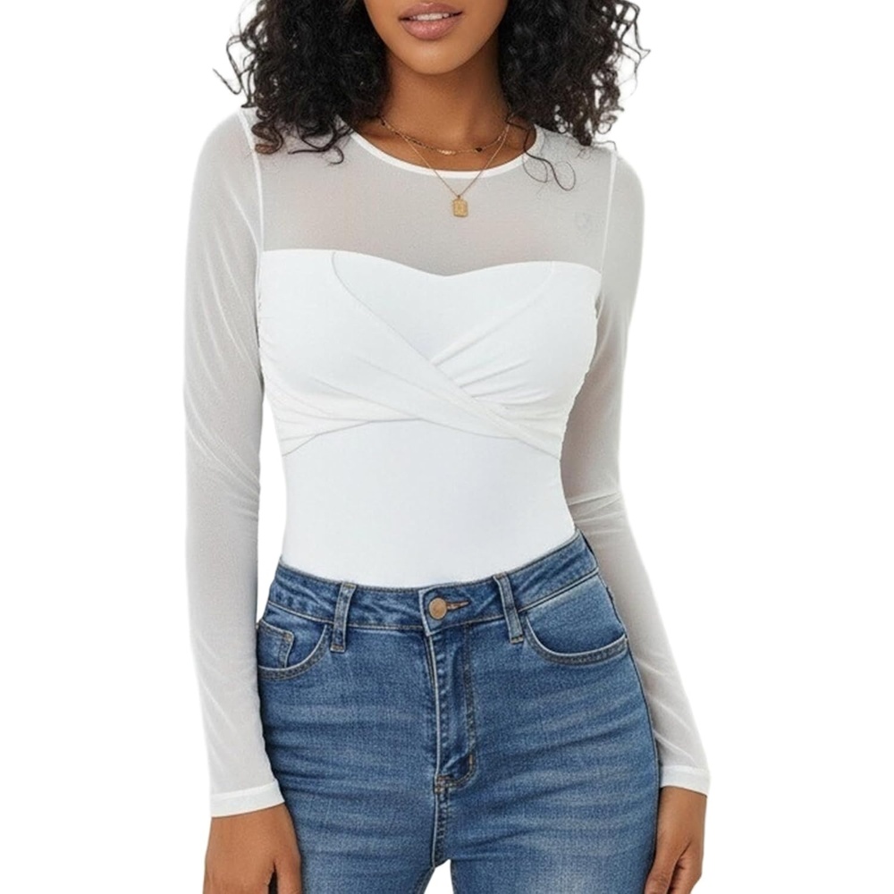 image:imageAvidlove Bodysuits for Women Long Sleeve Crew Neck Body Suit One Piece Sheer Leotard Twist Knot Going Out TopsWhite