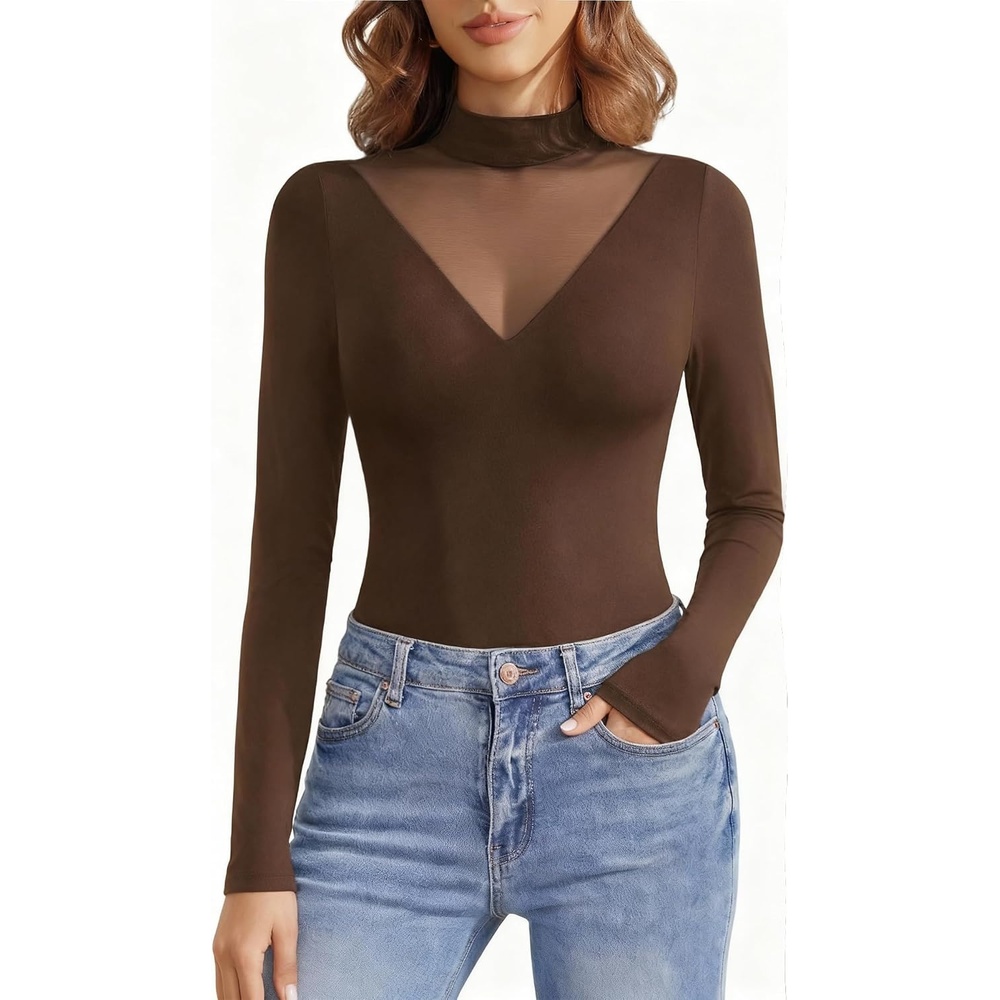 image:imageAvidlove Bodysuits for Women Long Sleeve Going Out Tops Mock Turtleneck Body Suits Double Lined Leotard ShirtsBrown