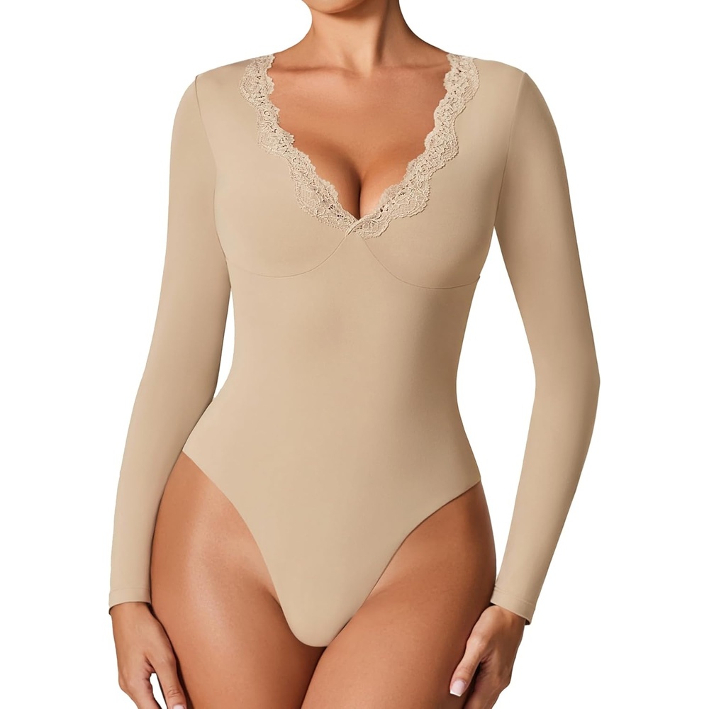 image:imageAvidlove Bodysuits for Women Long Sleeve Lace V Neck Body Suits Double Lined One Piece Leotard Shirt Going Out TopsNude