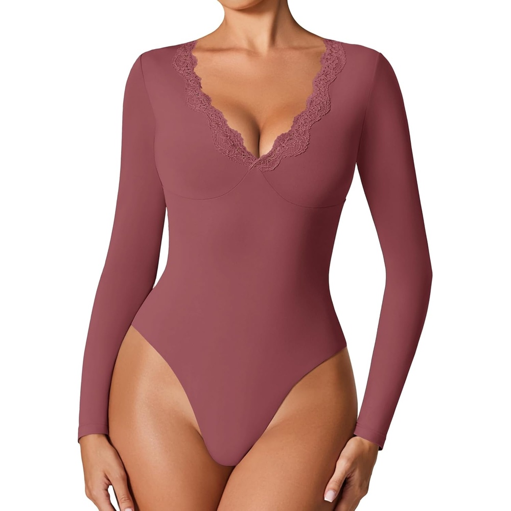 image:imageAvidlove Bodysuits for Women Long Sleeve Lace V Neck Body Suits Double Lined One Piece Leotard Shirt Going Out TopsPurple Red