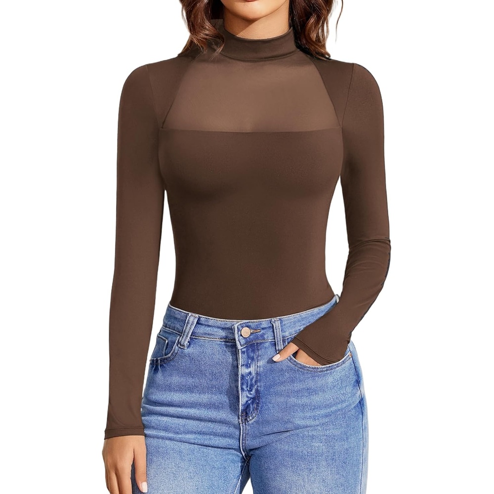 image:imageAvidlove Bodysuits for Women Mock Neck Shapewear Body Suit Long Sleeve Leotard Mesh Going Out Tops Concert OutfitsBrown