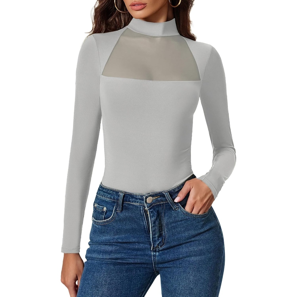image:imageAvidlove Bodysuits for Women Mock Neck Shapewear Body Suit Long Sleeve Leotard Mesh Going Out Tops Concert OutfitsGrey