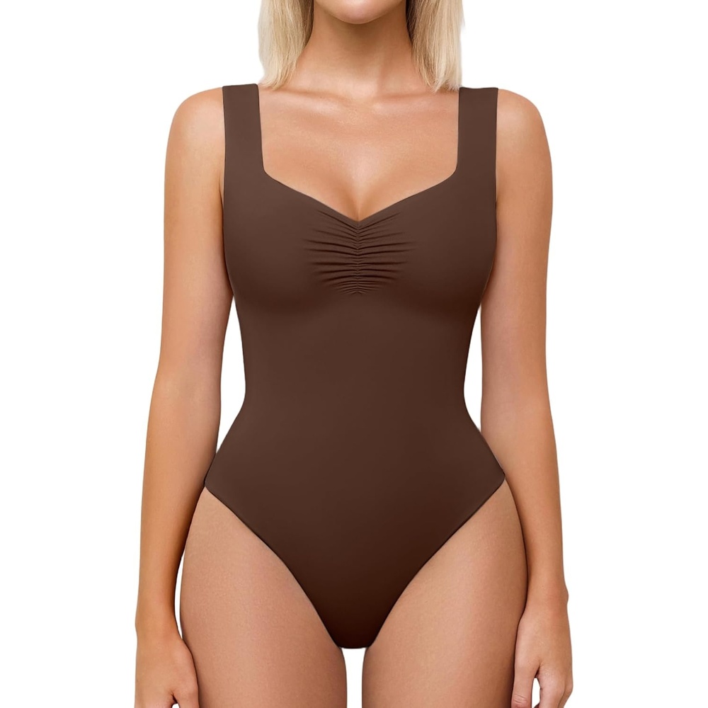 image:imageAvidlove Bodysuits for Women Sweetheart Neck Ruched Body Suit Seamless Double Lined Tank Top SlimmingBrown