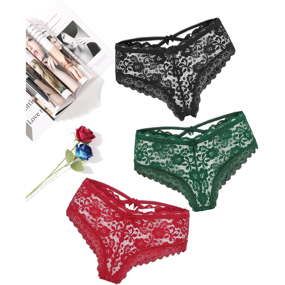 image:imageAvidlove Lace Cheeky Panties for Women Criss Cross Back Cute Floral Hipster UnderwearBlack dark Red dark Green