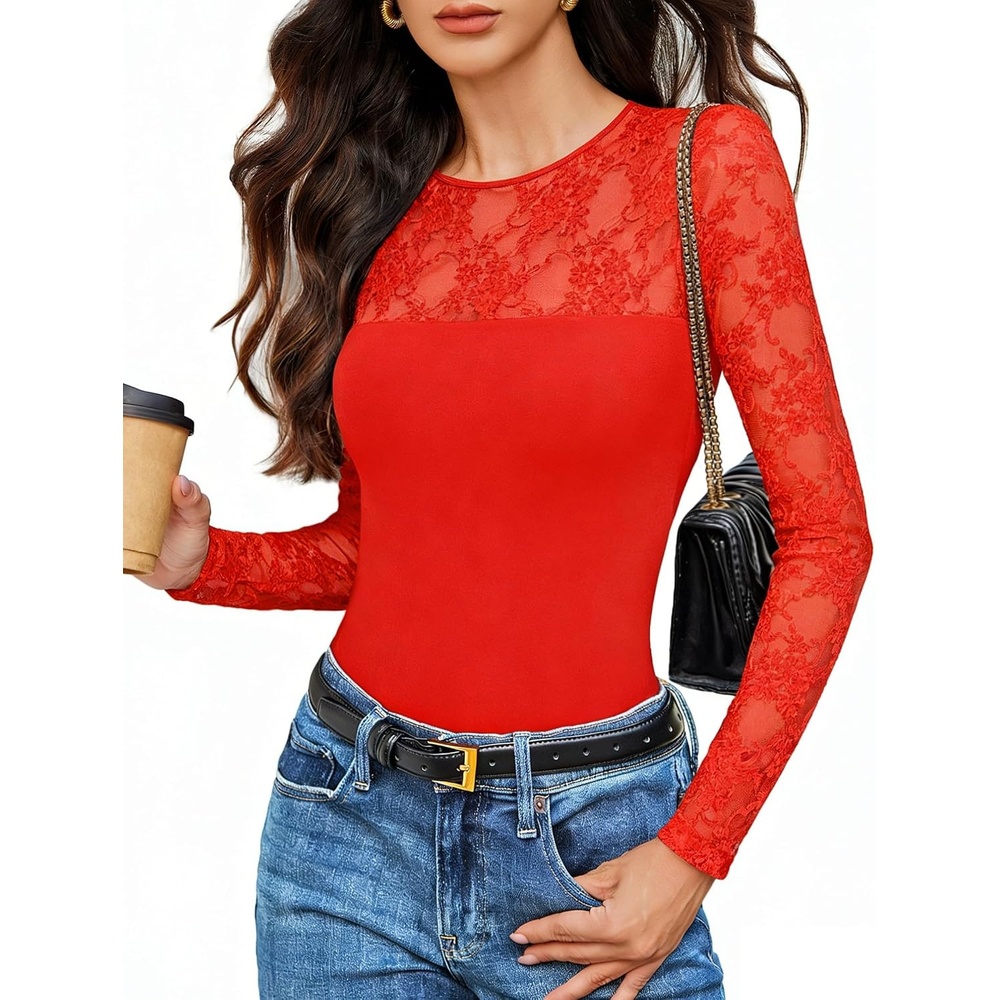 image:imageAvidlove Lace Long Sleeve Bodysuit for Women Crew Neck Body Suits Slimming Going Out Concert Tops Fall OutfitsRed