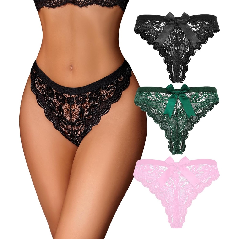 image:imageAvidlove Lace Panties for Women Sexy Lace Floral Thong Panty with bow T Back Breathable UnderwearBlackdark Greenpink