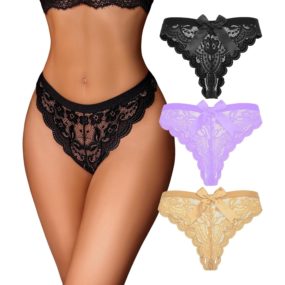image:imageAvidlove Lace Panties for Women Sexy Lace Floral Thong Panty with bow T Back Breathable UnderwearBlacklilackhaki