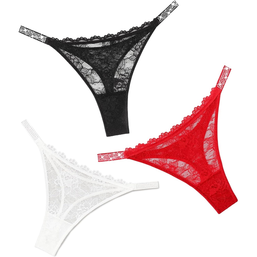image:imageAvidlove Lace Thongs for Women with RhinestoneEmbellished Strap Cheeky Underwear Sexy Panties 13 PackBlackwhitered