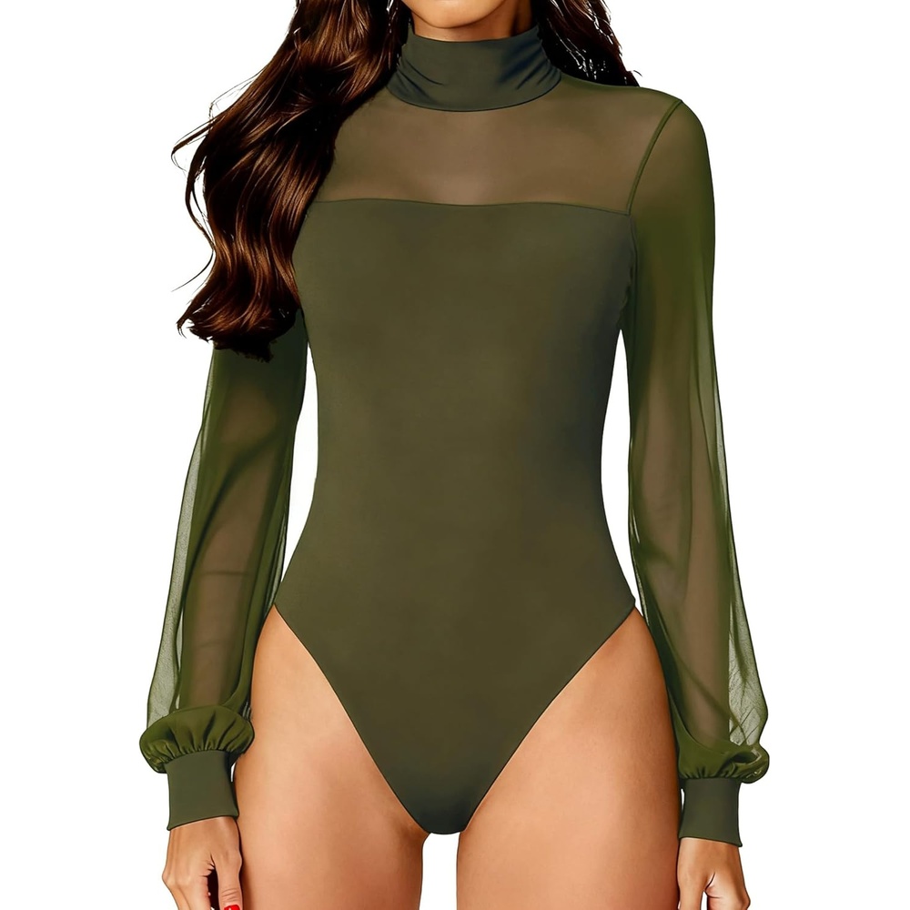 image:imageAvidlove Long Sleeve Body Suits Womens Mesh Turtleneck Bodysuit Thong Dressy Going Out Bodysuits Top Fall OutfitsArmy Green