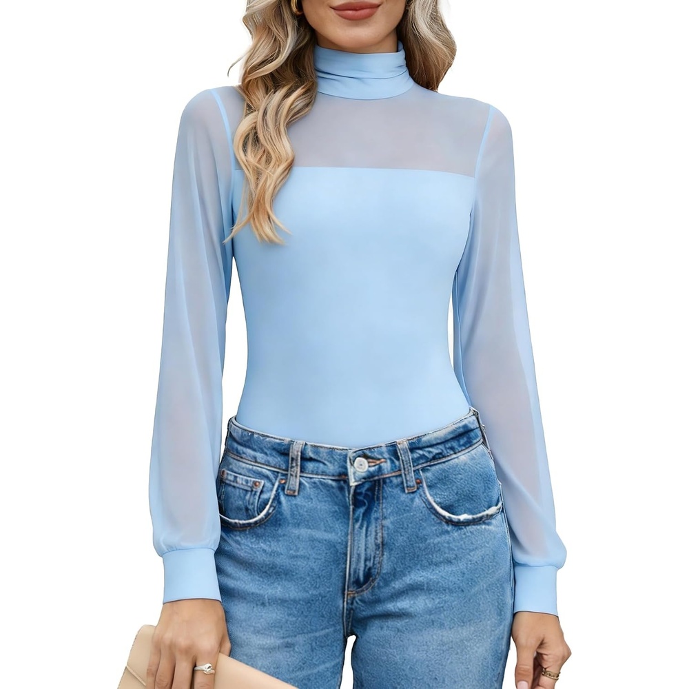 image:imageAvidlove Long Sleeve Body Suits Womens Mesh Turtleneck Bodysuit Thong Dressy Going Out Bodysuits Top Fall OutfitsLight Blue