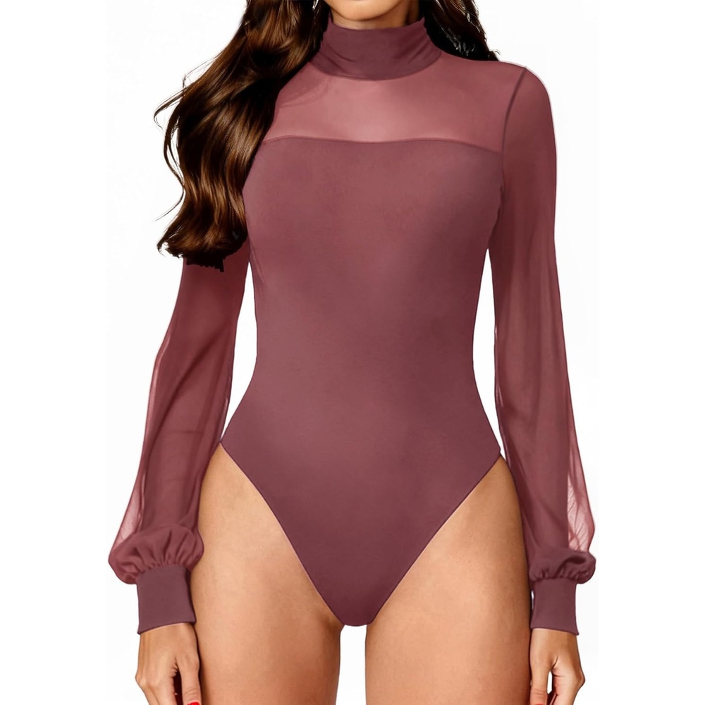 image:imageAvidlove Long Sleeve Body Suits Womens Mesh Turtleneck Bodysuit Thong Dressy Going Out Bodysuits Top Fall OutfitsPurple Red