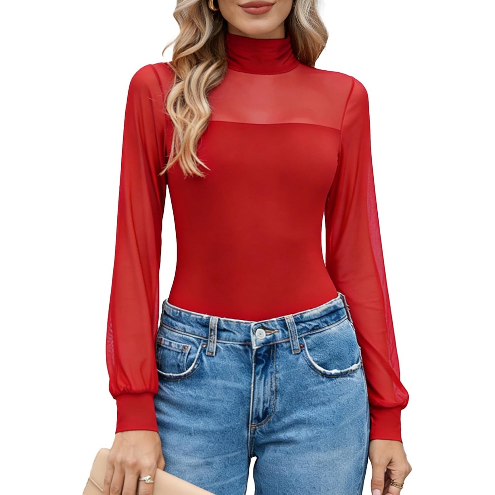 image:imageAvidlove Long Sleeve Body Suits Womens Mesh Turtleneck Bodysuit Thong Dressy Going Out Bodysuits Top Fall OutfitsRed