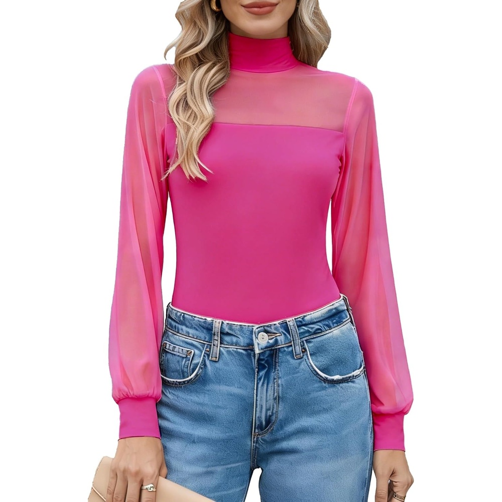 image:imageAvidlove Long Sleeve Body Suits Womens Mesh Turtleneck Bodysuit Thong Dressy Going Out Bodysuits Top Fall OutfitsRose Red