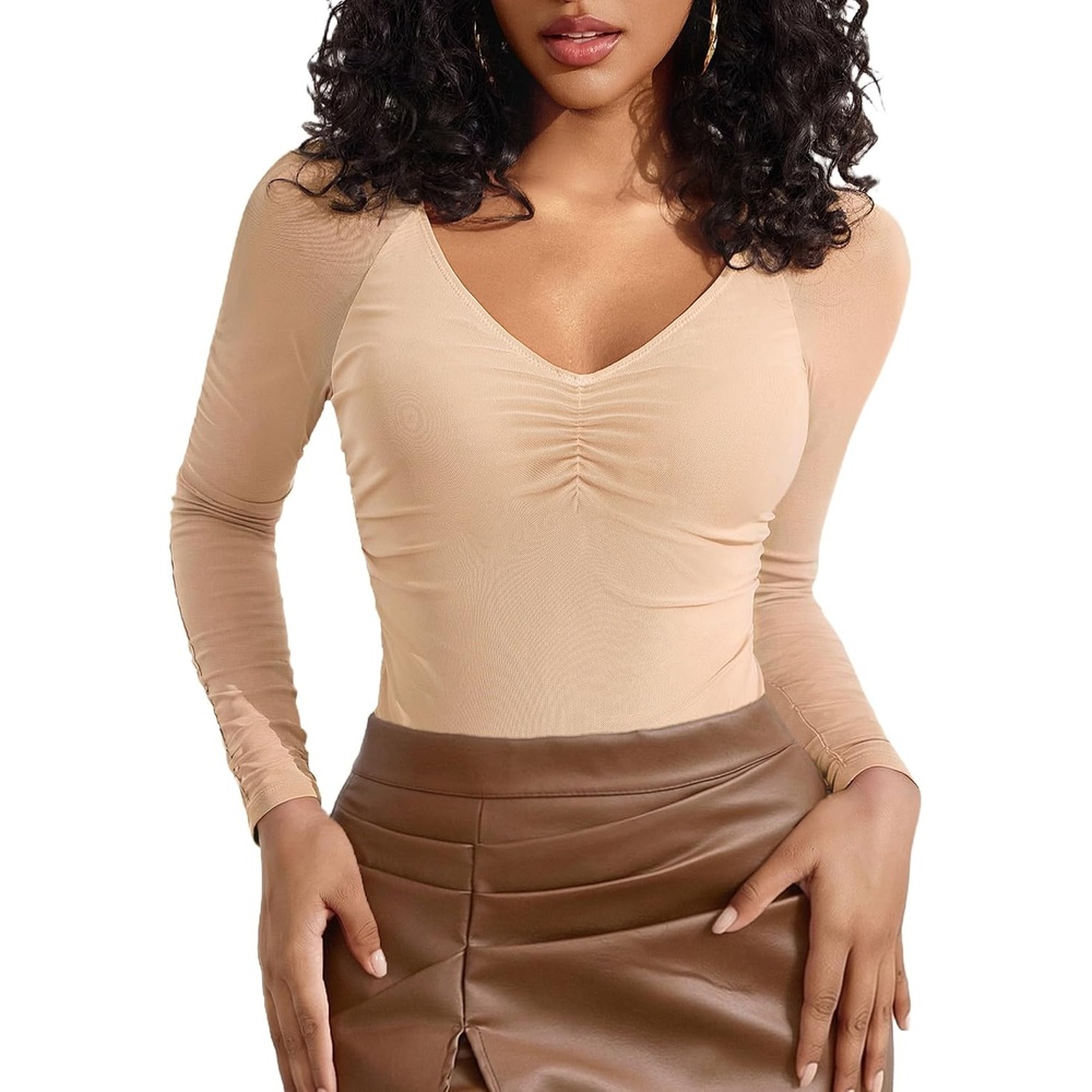 image:imageAvidlove Long Sleeve Bodysuit for Women Sexy V Neck Mesh Ruched Shapewear Body Suits Going Out Leotard TopsBeige