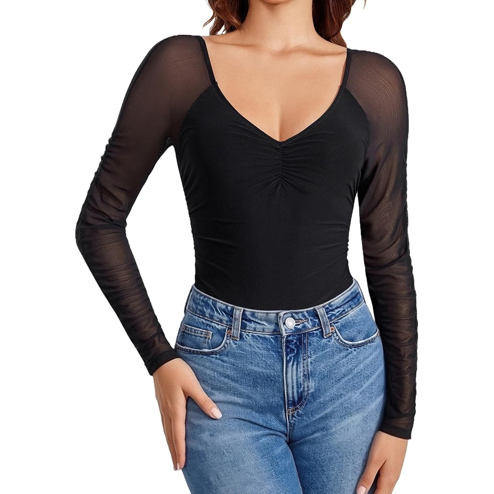 image:imageAvidlove Long Sleeve Bodysuit for Women Sexy V Neck Mesh Ruched Shapewear Body Suits Going Out Leotard TopsBlack