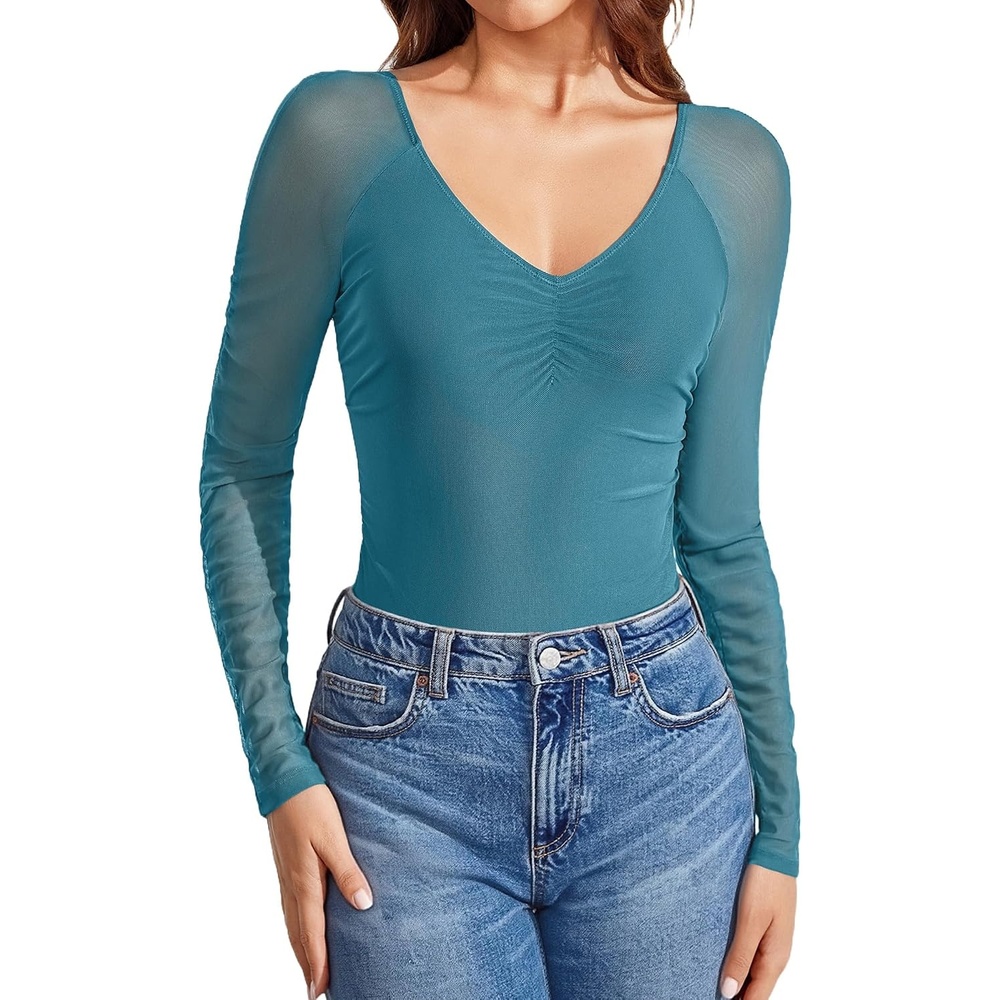 image:imageAvidlove Long Sleeve Bodysuit for Women Sexy V Neck Mesh Ruched Shapewear Body Suits Going Out Leotard TopsBlue