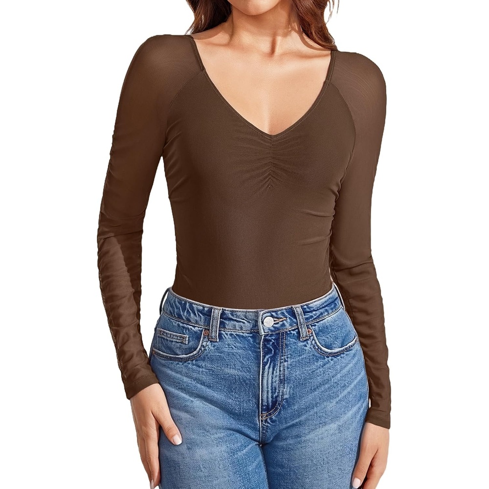 image:imageAvidlove Long Sleeve Bodysuit for Women Sexy V Neck Mesh Ruched Shapewear Body Suits Going Out Leotard TopsBrown