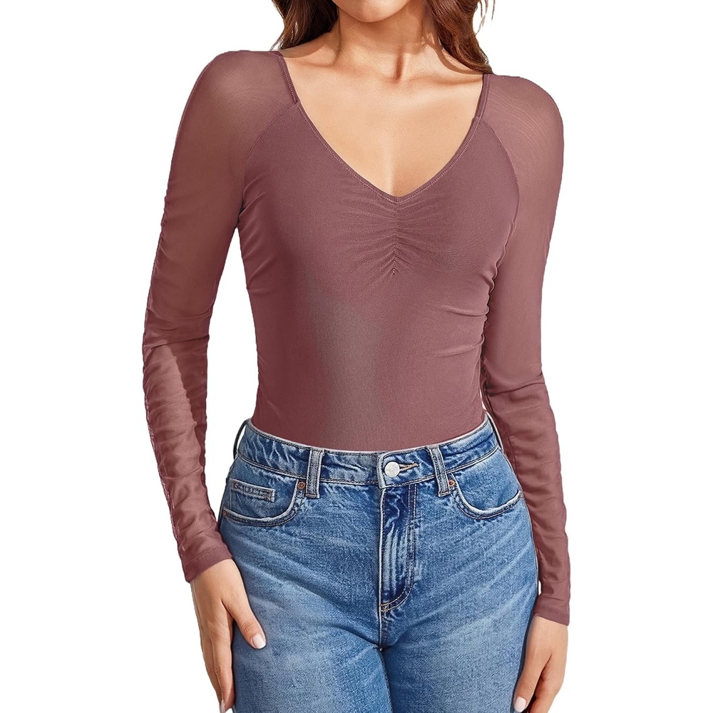 image:imageAvidlove Long Sleeve Bodysuit for Women Sexy V Neck Mesh Ruched Shapewear Body Suits Going Out Leotard TopsPurple