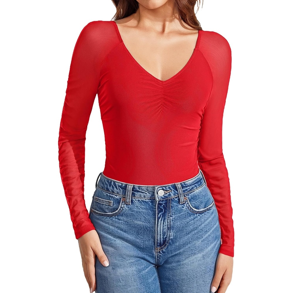 image:imageAvidlove Long Sleeve Bodysuit for Women Sexy V Neck Mesh Ruched Shapewear Body Suits Going Out Leotard TopsRed