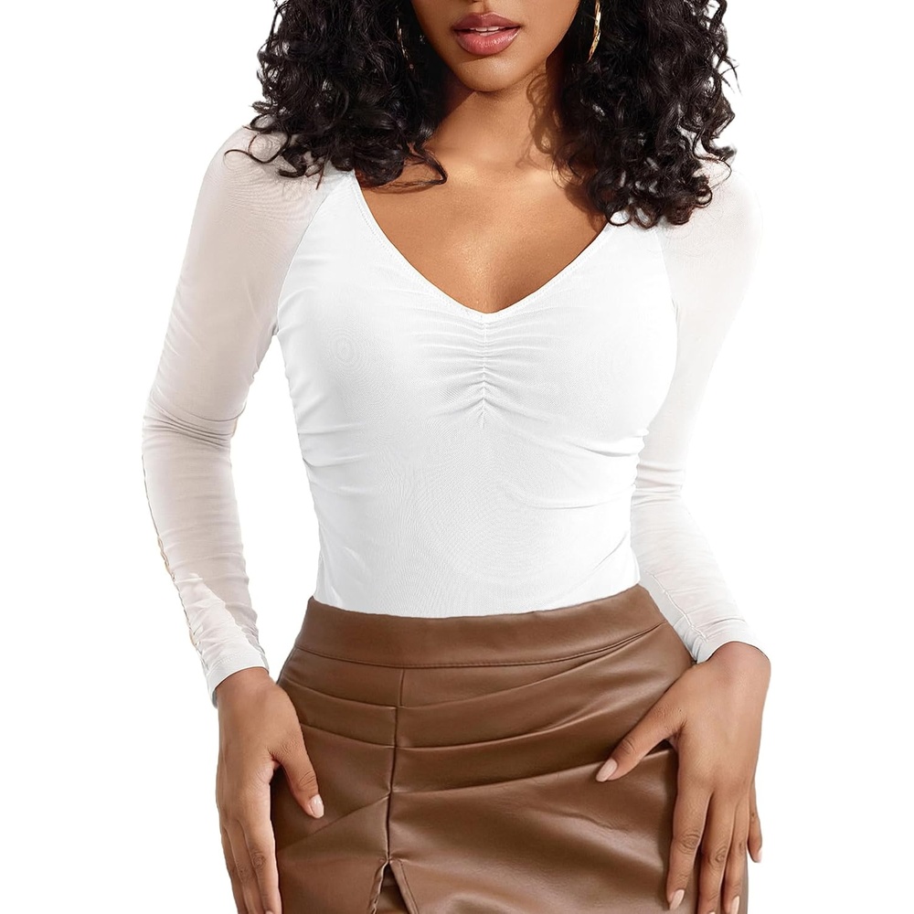 image:imageAvidlove Long Sleeve Bodysuit for Women Sexy V Neck Mesh Ruched Shapewear Body Suits Going Out Leotard TopsWhite