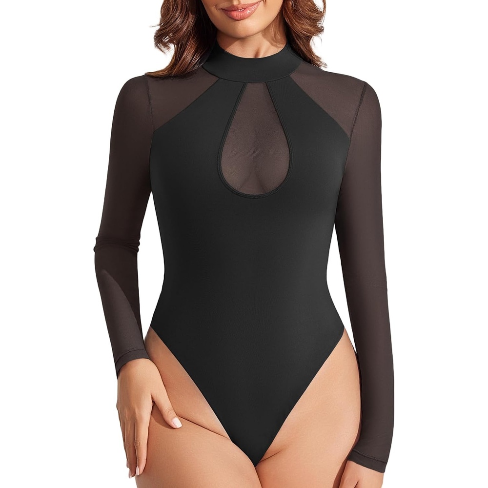 image:imageAvidlove Long Sleeve Bodysuits for Women Mesh Bodysuit Top Mock Neck Thong Body Suit Going Out TopsBlack