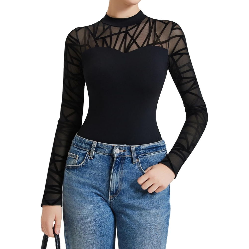 image:imageAvidlove Long Sleeve Bodysuits for Women Mock Neck Sheer Mesh Sleeve Bodysuit Double Lined Leotards Shirt Going Out TopBlack Geometric