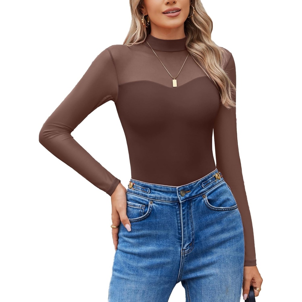image:imageAvidlove Long Sleeve Bodysuits for Women Mock Neck Sheer Mesh Sleeve Bodysuit Double Lined Leotards Shirt Going Out TopBrown