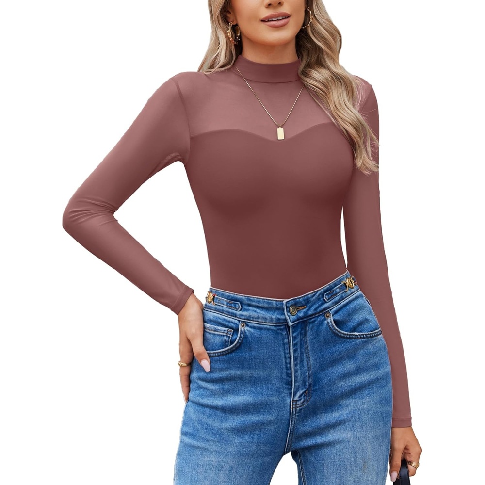 image:imageAvidlove Long Sleeve Bodysuits for Women Mock Neck Sheer Mesh Sleeve Bodysuit Double Lined Leotards Shirt Going Out TopDark Purple Red