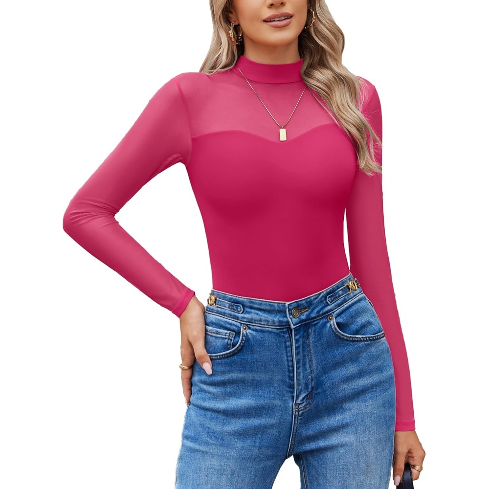 image:imageAvidlove Long Sleeve Bodysuits for Women Mock Neck Sheer Mesh Sleeve Bodysuit Double Lined Leotards Shirt Going Out TopRose Red