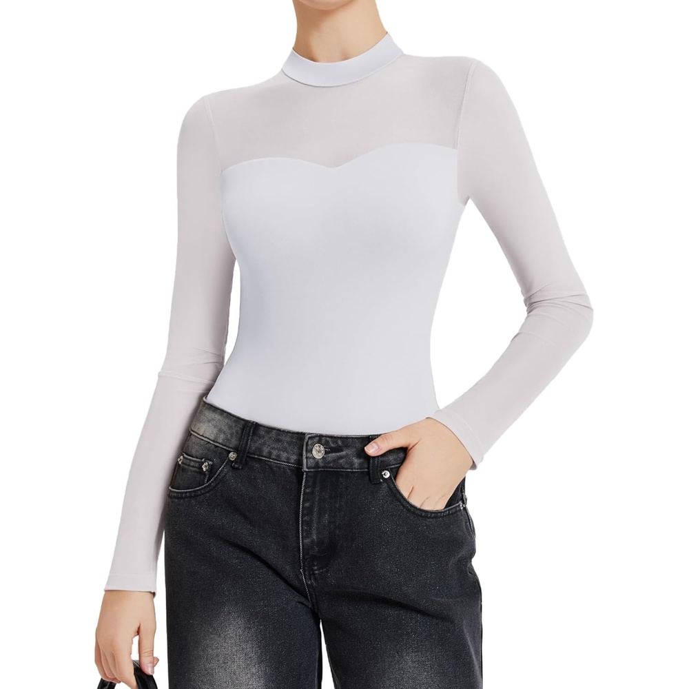 image:imageAvidlove Long Sleeve Bodysuits for Women Mock Neck Sheer Mesh Sleeve Bodysuit Double Lined Leotards Shirt Going Out TopWhite