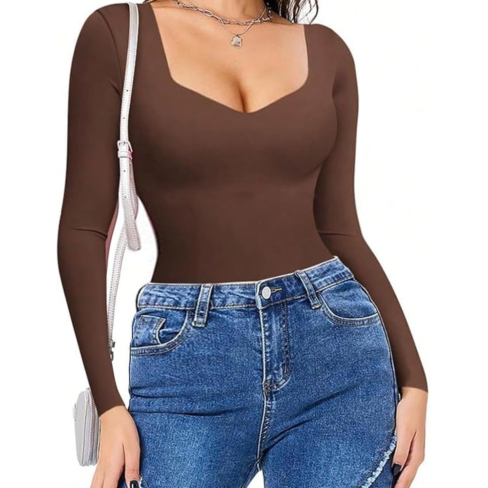image:imageAvidlove Long Sleeve Bodysuits for Women Sexy Sweetheart Neck Going Out Outfits Double Lined BodysuitBrown
