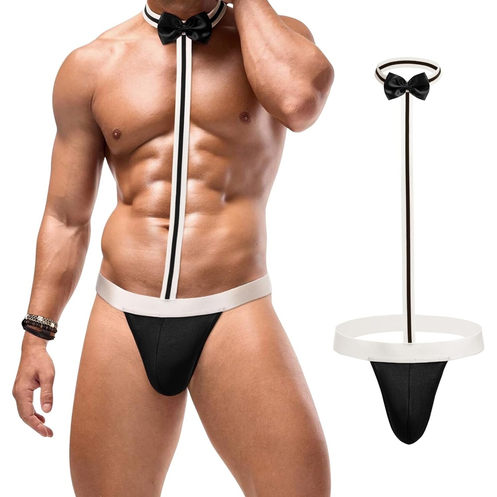 image:imageAvidlove Mens Sexy Mankini Thong Swimsuit Suspender Swimwear Mens Low Rise Lingerie with Bow Tie Black Small