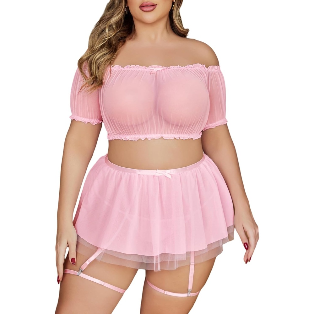 image:imageAvidlove Plus Size Garter Lingerie Set Mesh Ruffle Cosplay Lingerie with Mini Skirt 3 Piece Lingerie SetPink