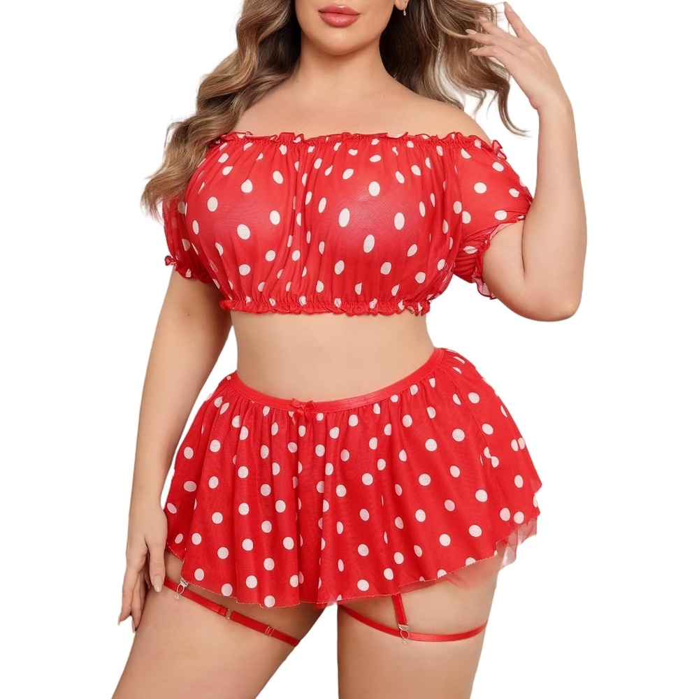 image:imageAvidlove Plus Size Garter Lingerie Set Mesh Ruffle Cosplay Lingerie with Mini Skirt 3 Piece Lingerie SetRed Polka Dots