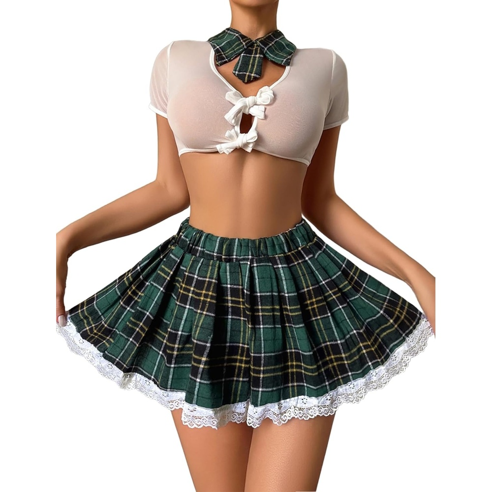 image:imageAvidlove Sexy School Girl Lingerie for Women Student Outfits Roleplay Lingerie Set with Plaid Mini SkirtGreenwhite