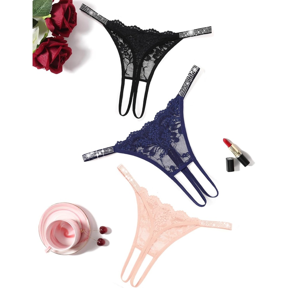 image:imageAvidlove Sexy Thongs for Women Floral Lace Briefs Rhinestones Strap Panties Hollow Out GString Tback Underwear 14 PackBlacknavy Bluepink