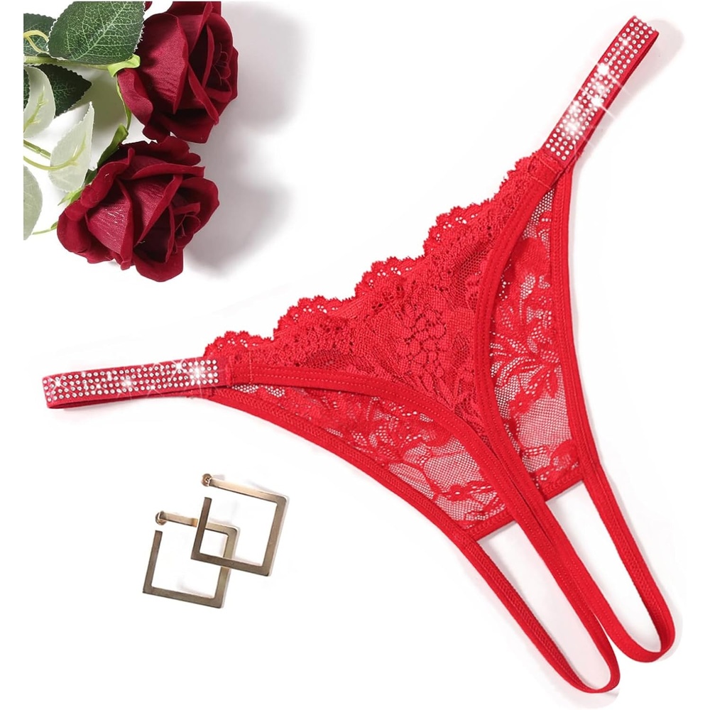 image:imageAvidlove Sexy Thongs for Women Floral Lace Briefs Rhinestones Strap Panties Hollow Out GString Tback Underwear 14 PackRed