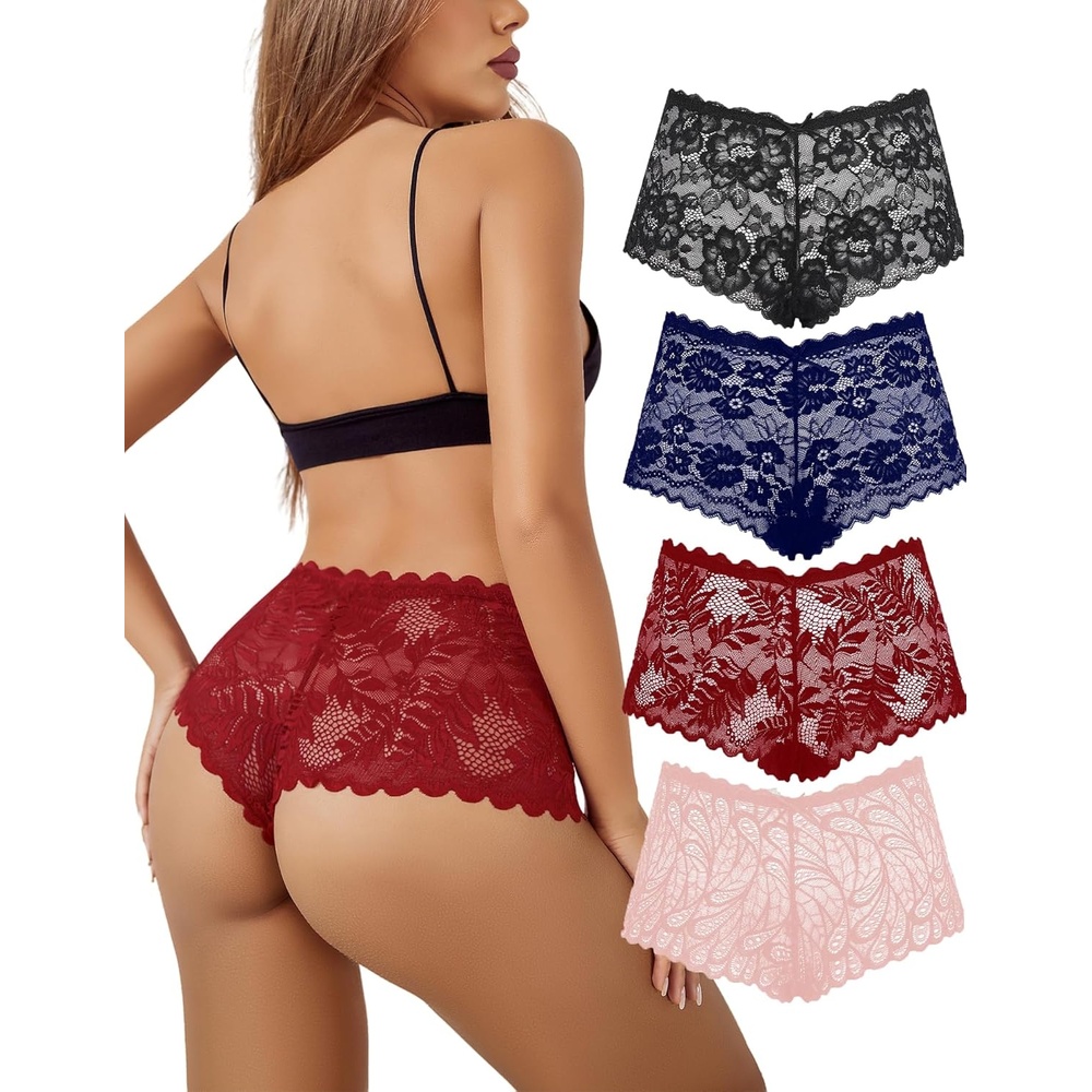 image:imageAvidlove Sexy Womens Underwear Floral Lace Boyshort Panties High Waist Cheeky Panty Pack of 4Black DBurgundy BPink CNavy Blue a