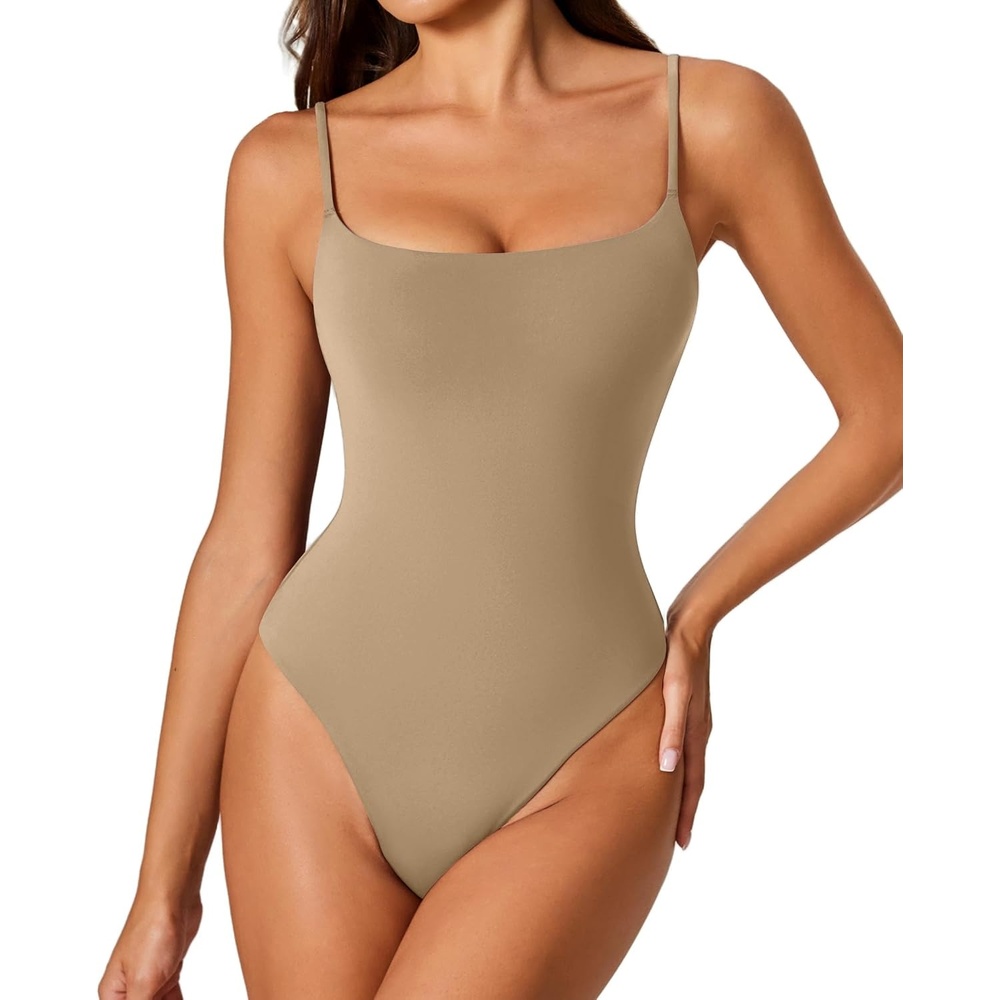 image:imageAvidlove Tank Top Bodysuit for Women Square Neck Double Lined Body Suits One Piece Thong Basic Summer Cami TopsKhaki