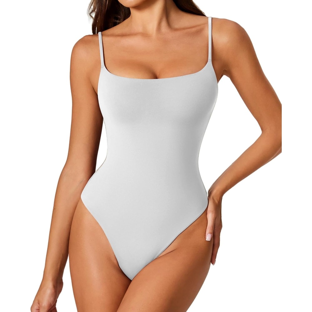 image:imageAvidlove Tank Top Bodysuit for Women Square Neck Double Lined Body Suits One Piece Thong Basic Summer Cami TopsWhite