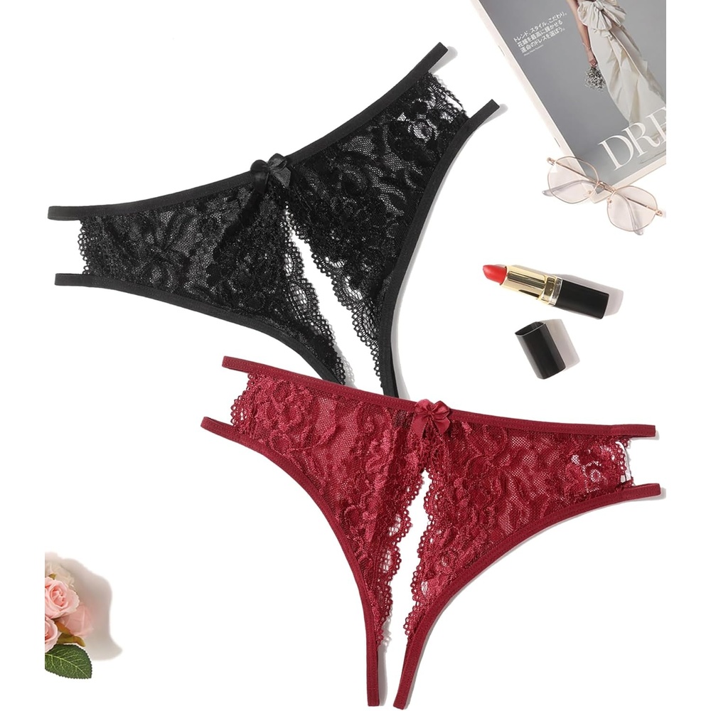 image:imageAvidlove Women Lace Panties Sexy Thong Underwear Floral Lace Briefs  Womens sexy panty with Cute Bow Center Low Rise Underwear Mesh Hollow Out GString 14 PackBlackred