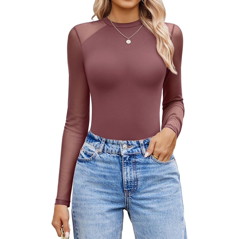 image:imageAvidlove Women Long Sleeve Bodysuit Crew Neck Body Suits Mesh One Piece Leotards Shirt Going Out Bodysuit TopsPurple Red