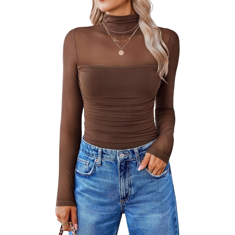 image:imageAvidlove Women Long Sleeve Bodysuit Turtle Neck Shapewear Body Suits Mesh One Piece Leotard Shirt Going Out Tops Fall OutfitsBrown