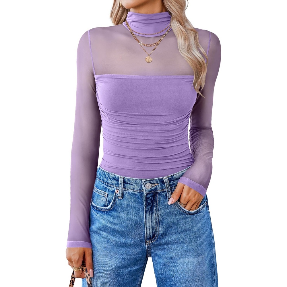 image:imageAvidlove Women Long Sleeve Bodysuit Turtle Neck Shapewear Body Suits Mesh One Piece Leotard Shirt Going Out Tops Fall OutfitsLilac