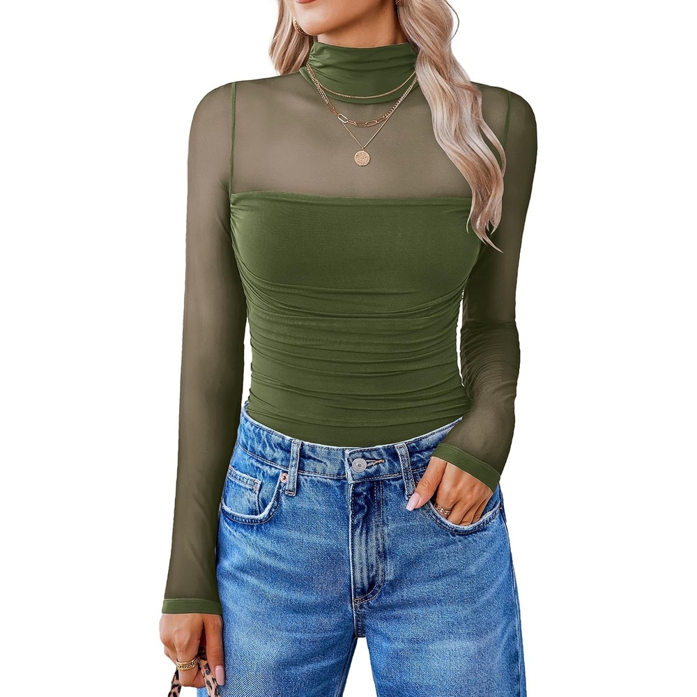 image:imageAvidlove Women Long Sleeve Bodysuit Turtle Neck Shapewear Body Suits Mesh One Piece Leotard Shirt Going Out Tops Fall OutfitsOlive Green