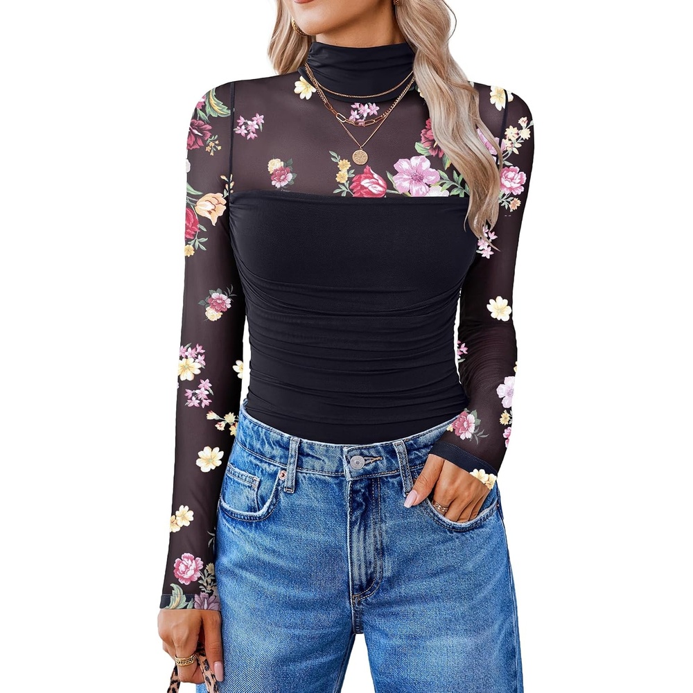 image:imageAvidlove Women Long Sleeve Bodysuit Turtle Neck Shapewear Body Suits Mesh One Piece Leotard Shirt Going Out Tops Fall OutfitsPrint Flower