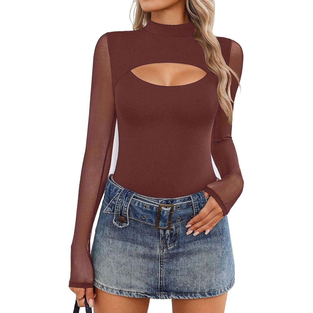 image:imageAvidlove Women Long Sleeve Thong Bodysuit Turtle Neck Shapewear Sexy Mesh Top Double Lined Cutout Shirt XS2XLDeep Purple Red