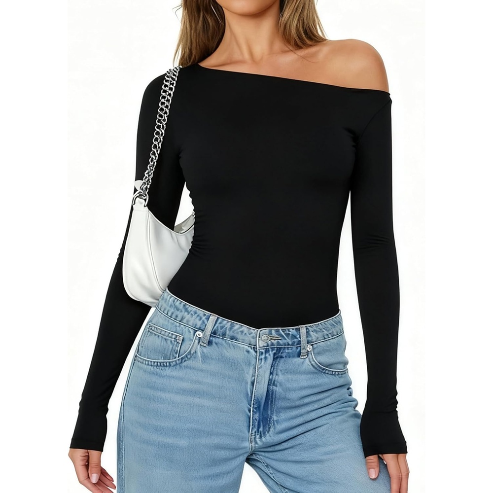 image:imageAvidlove Women Off the Shoulder Long Sleeve Bodysuit Double Lined Thong Body Suits Tops Soft Sexy OutfitsBlack